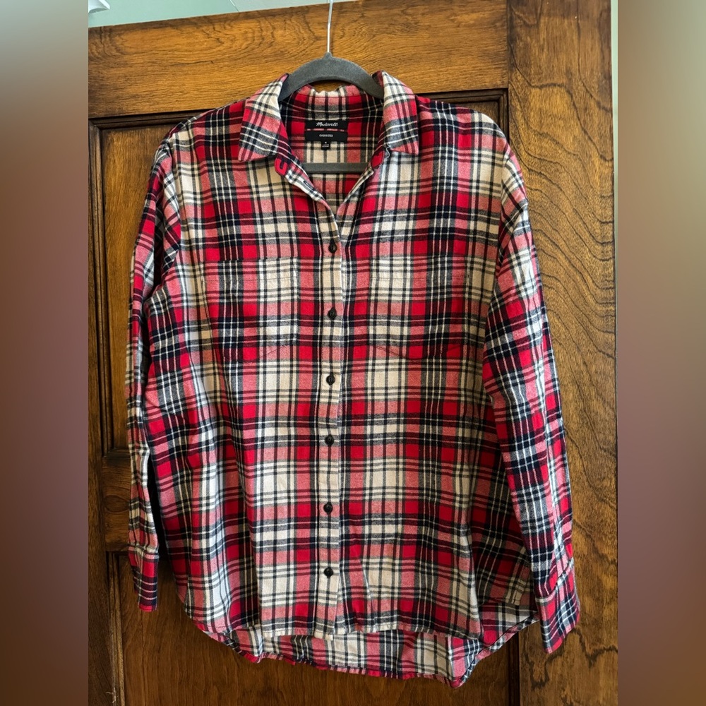 Madewell Red and Navy Plaid Oversized Flannel Shirt